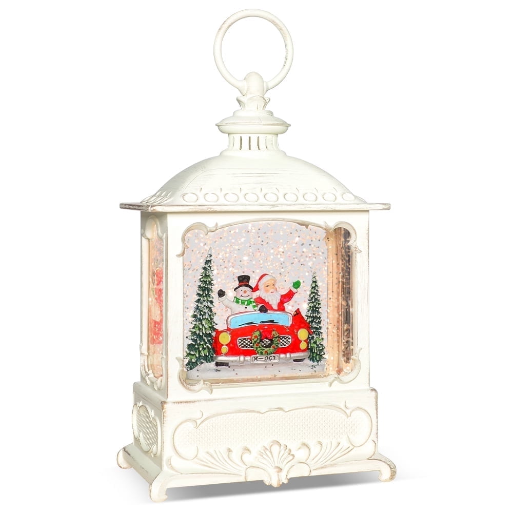 10-Inch Musical Snow Globe Lantern, LED Lighted Swirling Glitter, Santa Snowman Red Car, Christmas Decorations & Xmas Gifts