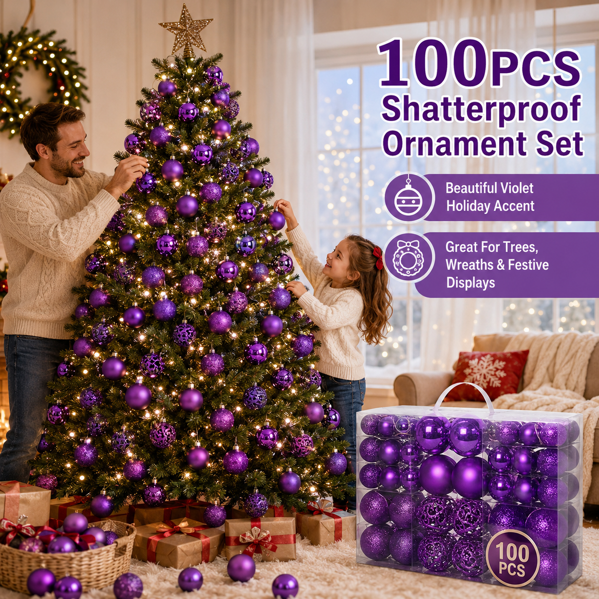 100pcs Shatterproof Christmas Balls - Plastic Ornaments for Christmas Tree Decoration, Party Festivities, Purple