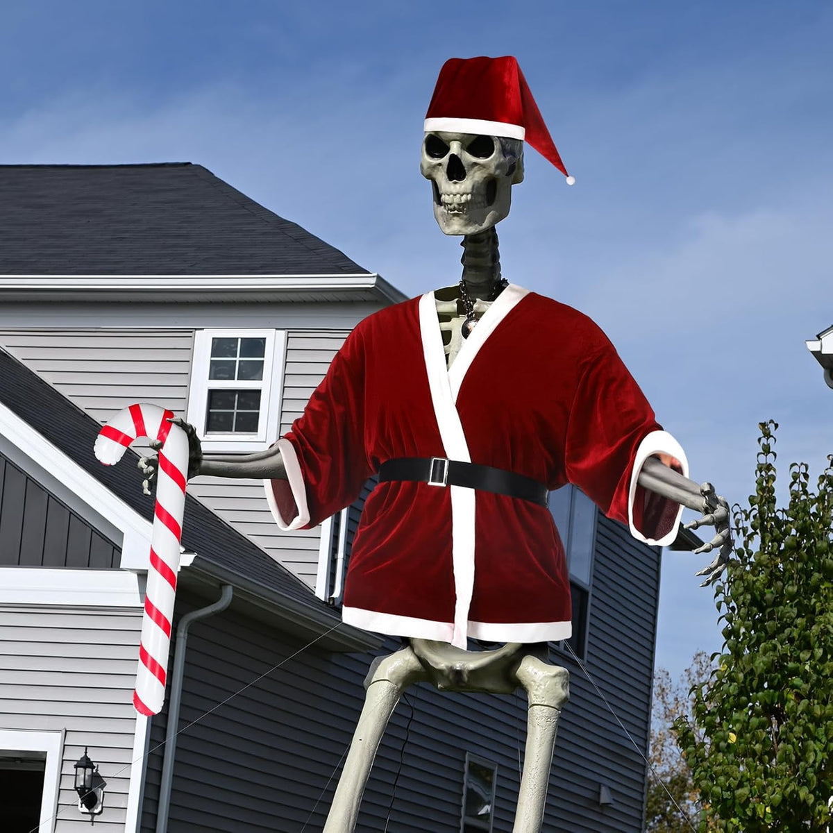 12 ft Giant Sized Skeleton Costume Set Christmas Santa Suit and Hat Inflatable Christmas Candy Cane for Garden Lawn Indoor Outdoor Props Decor (Skeleton Not Included)