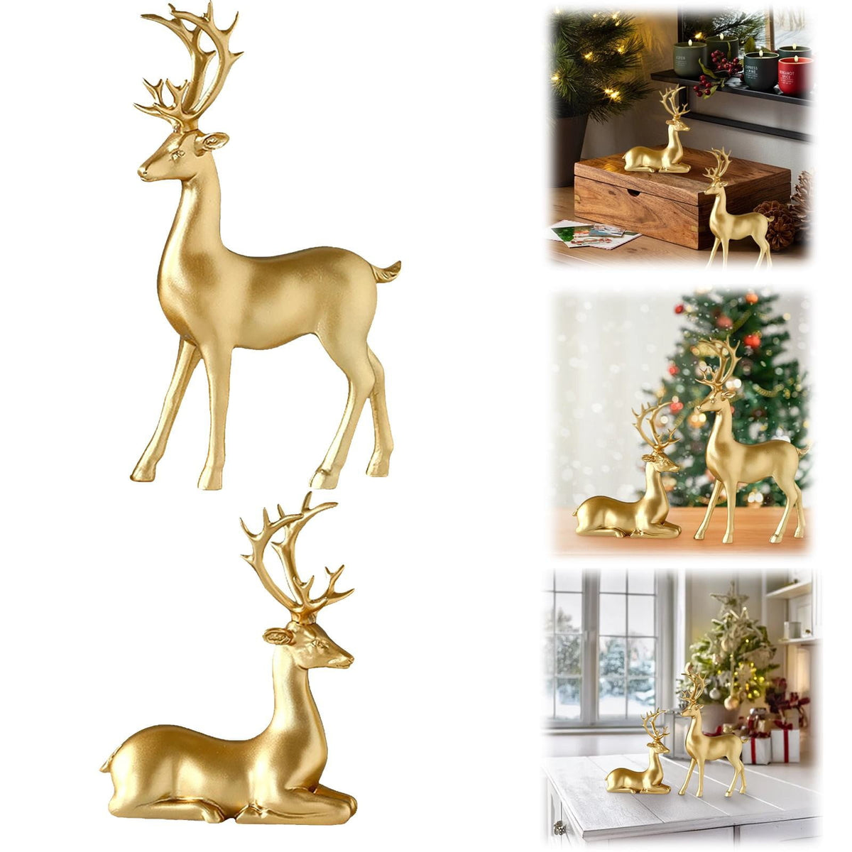 2 Pack Resin Christmas Reindeer Figurines,Deer Statues,Elk Sculpture Deer Ornaments for Living Figurine Statues TV Cabinet Home Office Wine Cabinet Decoration(Gold #03)
