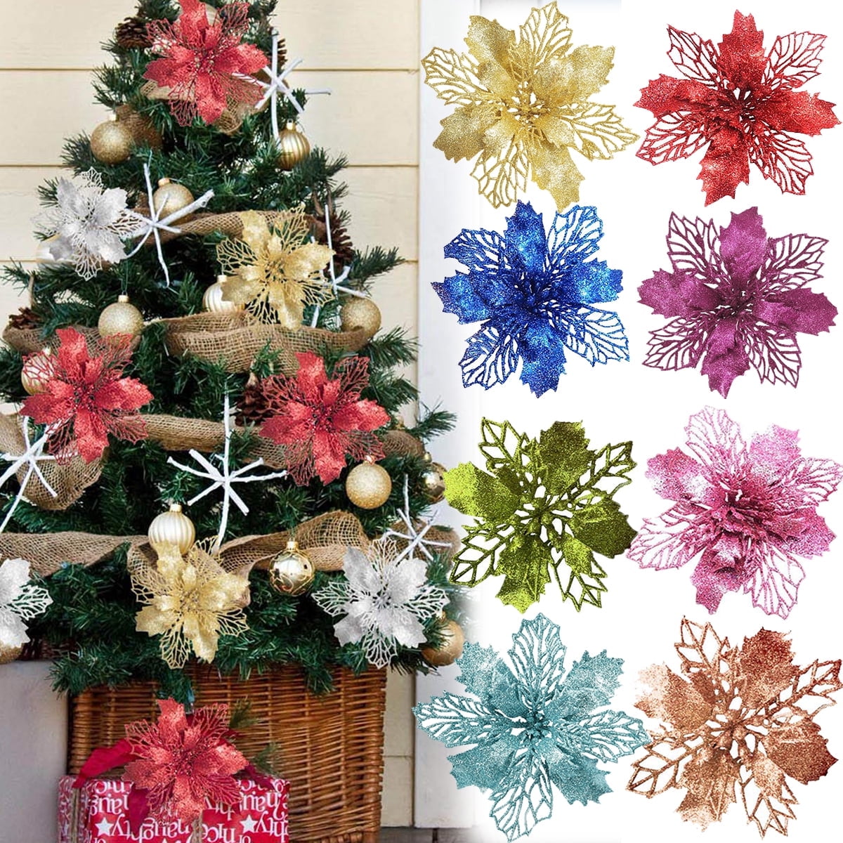 36PCS Artificial Christmas Flowers Fake Poinsettia Flowers Christmas Tree New Year Ornaments Flower Decorations DIY Wreath Accessories Wedding Xmas Garland Decor