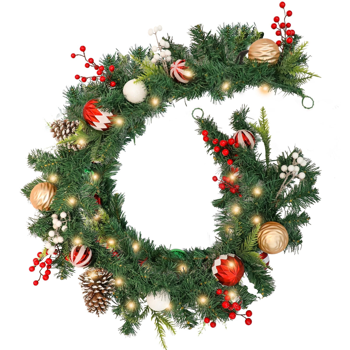 6 FT Garland Christmas Decorations, Battery Operated Lighted Garland Indoor with Red Berries, Candy Balls, Pinecones and Lush Branches, 25 Warm LED Lights 3 Modes, Christmas Garland for Mantle