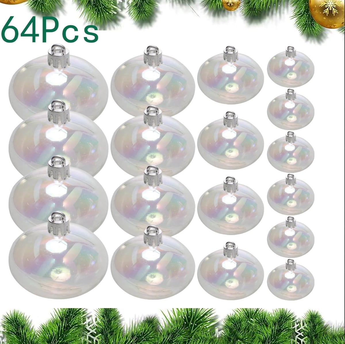64Pcs Christmas Iridescent Ornaments Balls Tutuviw 1.2/1.6/2.0/2.4 in Plastic Clear Rainbow Bubbles Filled Ornaments Xmas Tree Hanging Balls for Christmas Birthday Wedding Decorations