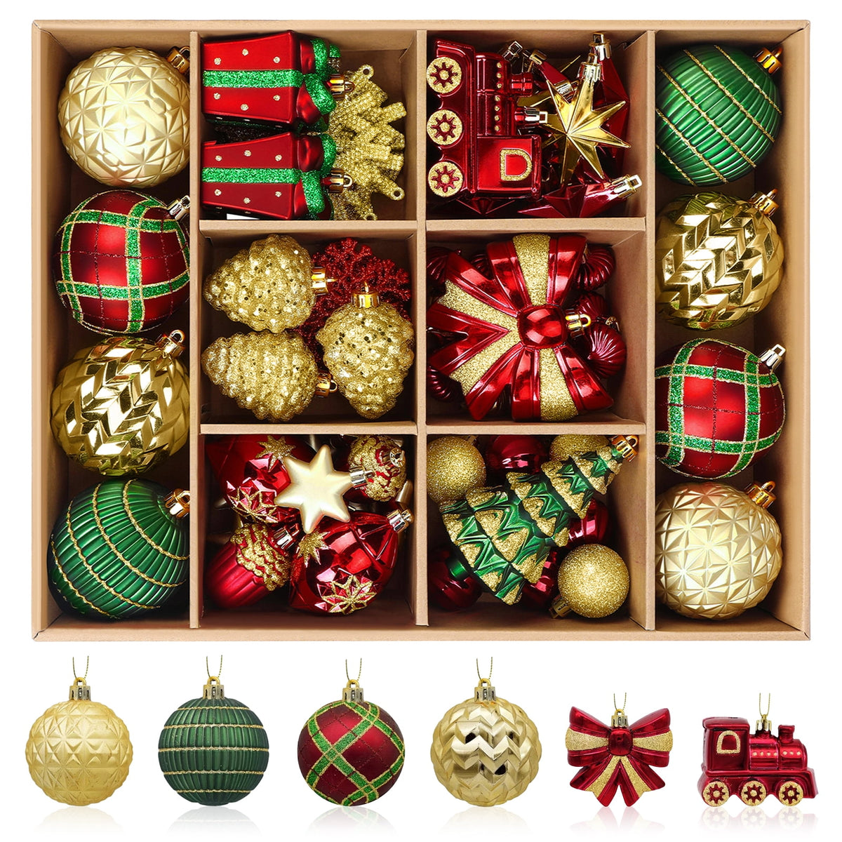 82pcs Christmas Balls Ornaments Set, Shatterproof Plastic Decor for Xmas Tree with Hanging Strings, Gold & Red & Green