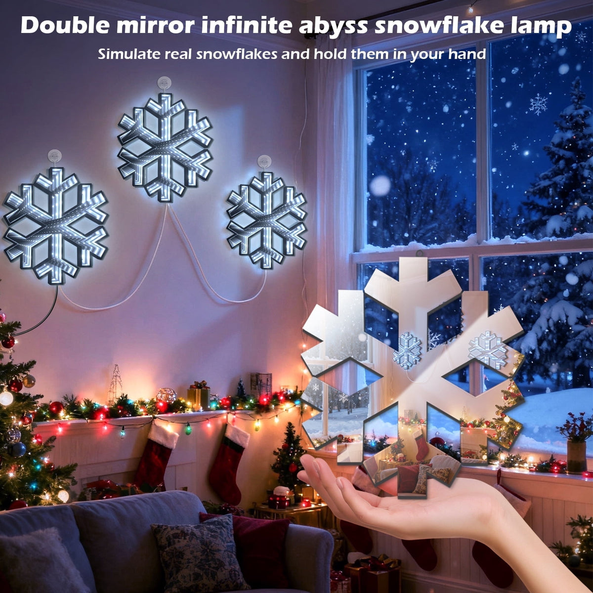 Beatineon Christmas Light Up Wall Decor, 3D Infinity Mirror Snowflake LED Lights for Winter Wonderland Bedroom Living Room