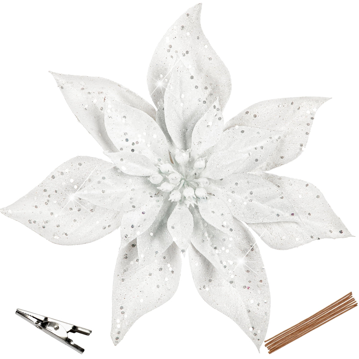 Briful 9'' Christmas Poinsettia Flowers 8PCS Glitter Artificial Flowers Large Christmas Ornament Flowers for Xmas Tree Wreath Garland Decoration White