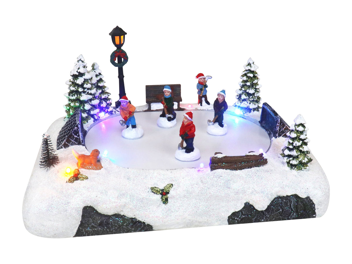 Christmas Village Tabletop Hockey Skating Rink Pre-lit Winter Snow Village Perfect Addition to Your Christmas Indoor Home Decorations Great Centerpiece for Your Collection