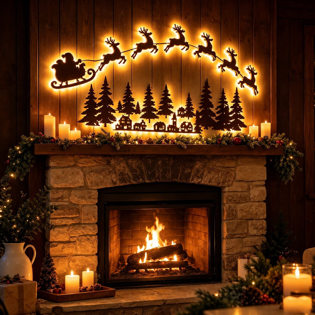 Clearance! Lighted Santa Sleigh Reindeer & Village Scene Wall Decor, 60" Wooden LED Christmas Silhouette Wall Art for Indoor Holiday Home Christmas Decoration, Gift for Family Friends