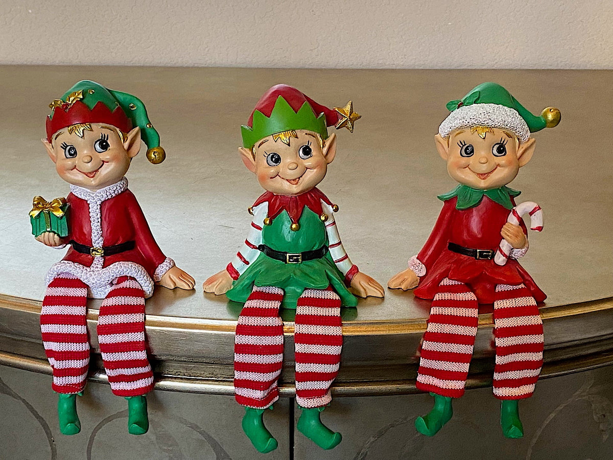 Happy & Smiling Elves W Dangling Legs Poly W Fabric Christmas Winter Elf Sitter Decoration Collectible Figurine Indoor Ornament 8.5" H Set of 3