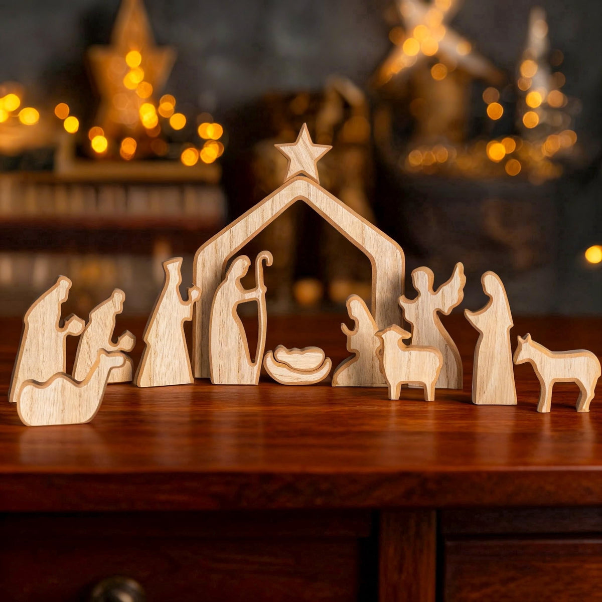 Nativity Set Christmas Decor,13Pcs Lovely Wooden Christmas Nativity Scene Miniature Holy Family Figurines, Minimalism Boho Christmas Decorations for Indoor Shelves Mantel Tabletop Display