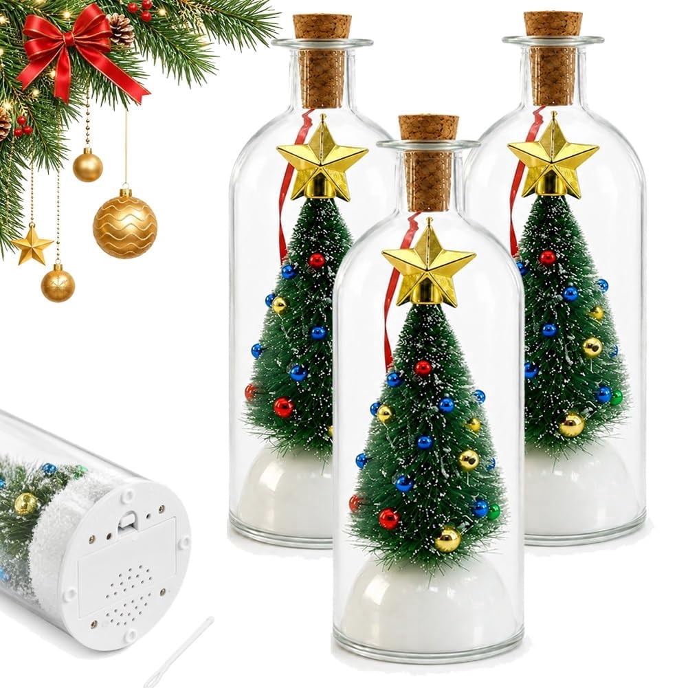 Recordable Christmas Tree in a Bottle, 3pc 30 Second Voice Recorder Ornaments for Mantel, Shelf and Holiday Decor Gifts, 7.1in