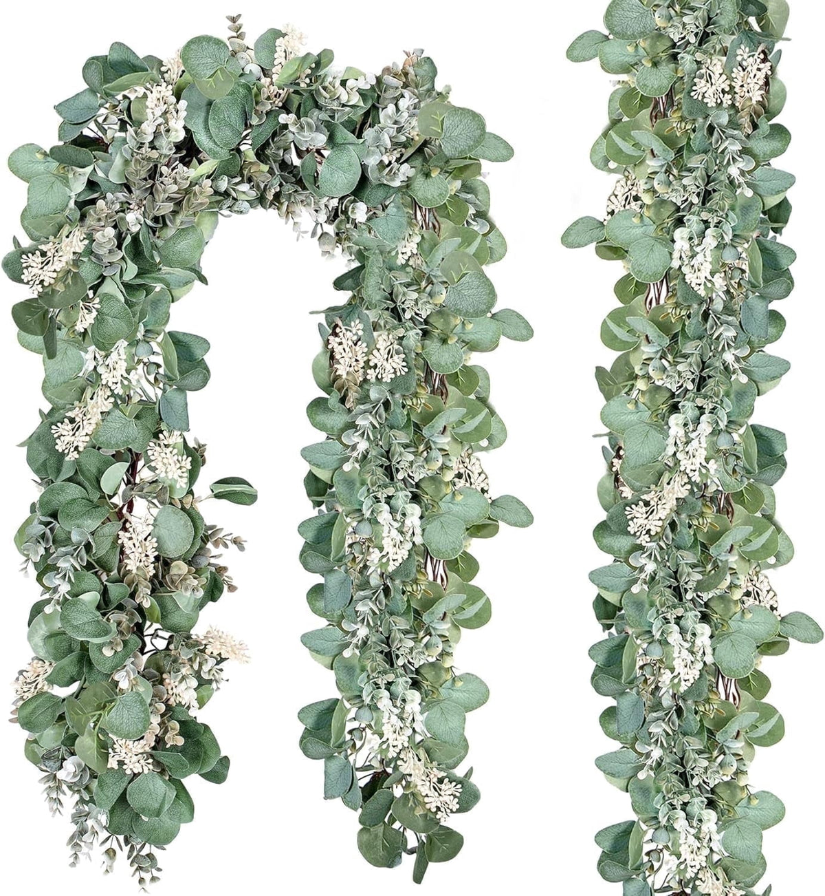 Christmas Eucalyptus Garland, 2 Pcs 6.56 FT Artificial Greenery Garland Silver Dollar Leaves Boxwood Vines with White Buds for Home Wedding Party Table Mantle Xmas Decor