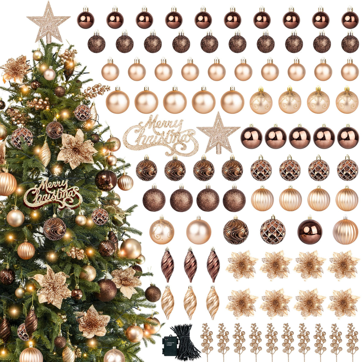 95 Pcs Christmas Tree Ornaments Set, Christmas Poinsettia Flowers Shatterproof Clear Plastic Baubles with Light for Home Holiday Wedding Party Xmas Tree Decor, Brown