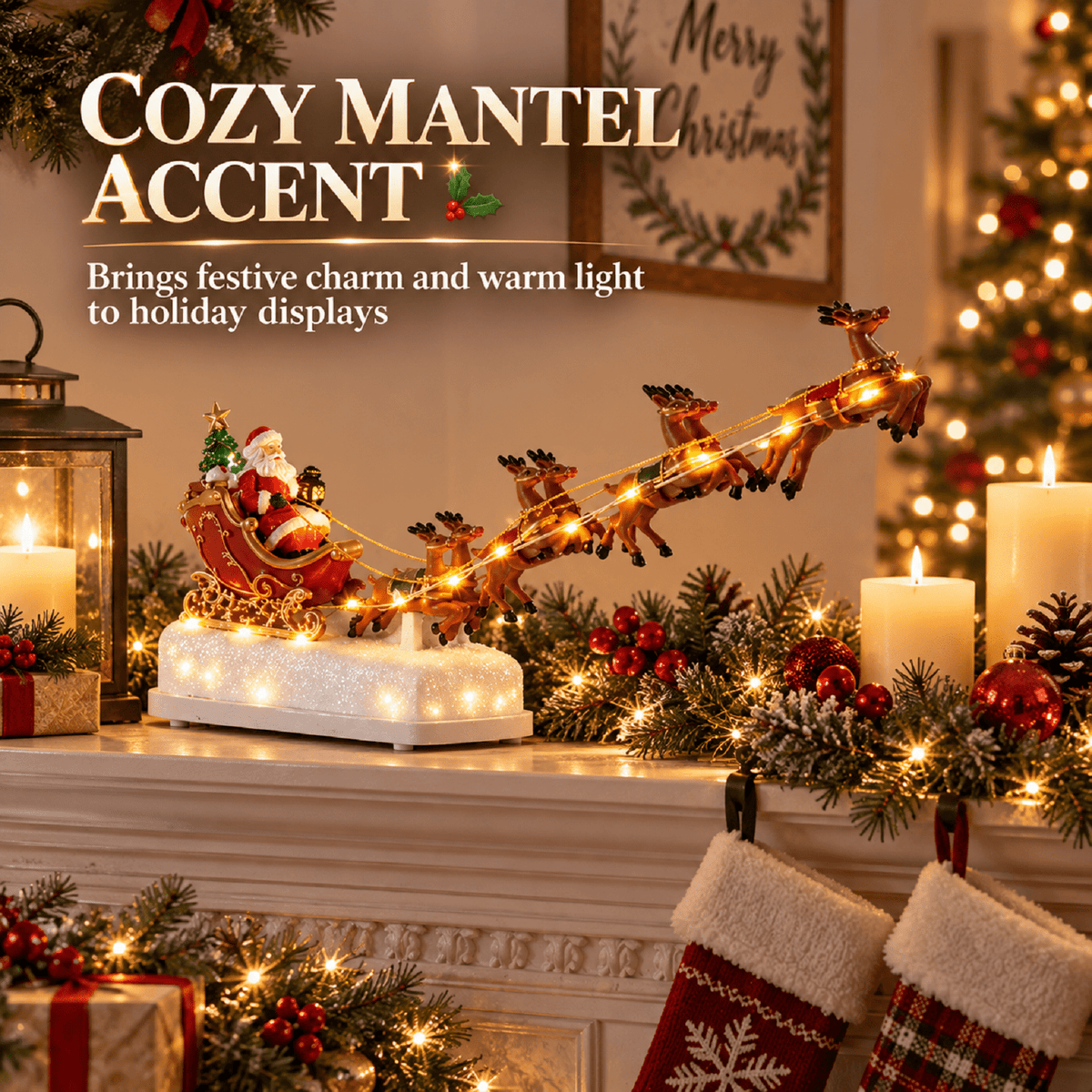 Trendy Christmas Santa Claus Sleigh Decoration - Festive Scene Decor with Reindeer, Hand-Painted Detailed Design for Mantel, Tabletop, Living Room & Home Holiday Displays, 31.5*6.5*16cm, Red