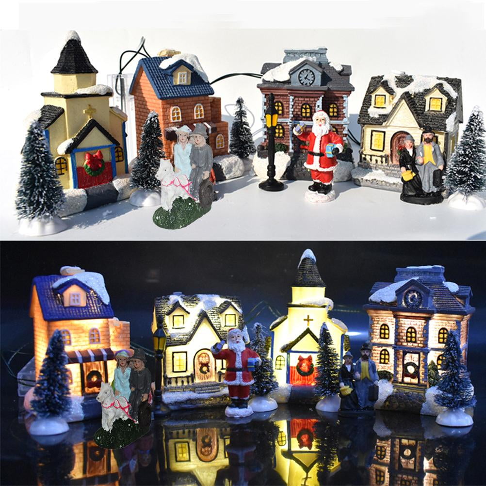 TureClos 10Pcs Christmas Village Set LED Lighted Resin Christmas Village Houses with Figurines Christmas Ornaments Decoration Gifts