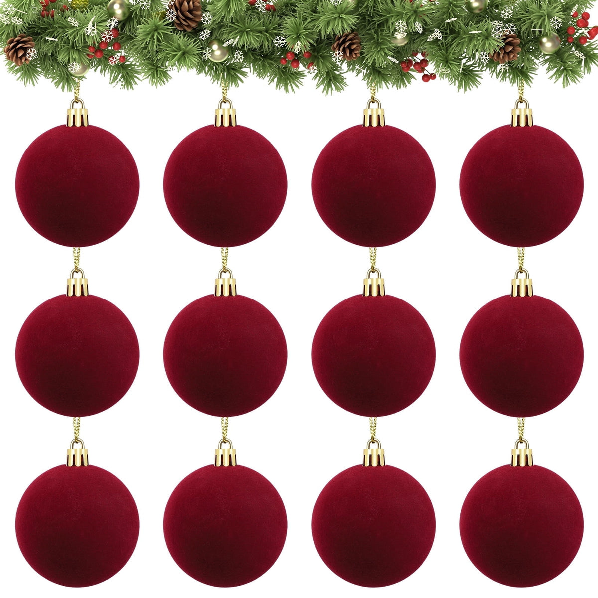 Velvet Ball Ornaments Christmas Balls Burgundy Red 12 PCS 2.36-Inch Xmas Tree Ball Ornaments for Christmas Trees Decorations Gifts Party Door Garland Wreath Decor