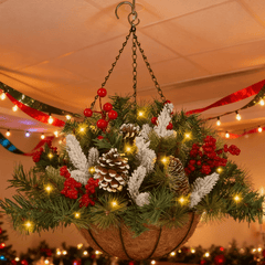 Artificial Christmas Hanging Basket with LED String Lights Christmas Hanging Plant Basket Artificial Flowers with Frosted Pine Needles Pinecones Red Berries Fake Plants Faux Decor for Xmas Decor