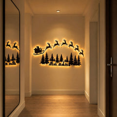 Clearance! Lighted Santa Sleigh Reindeer & Village Scene Wall Decor, 60" Wooden LED Christmas Silhouette Wall Art for Indoor Holiday Home Christmas Decoration, Gift for Family Friends