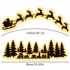 Clearance! Lighted Santa Sleigh and Reindeer Wall Decor,Christmas Village Wooden Wall Light with Remote Control, Peel and Stick Holiday Decoration , 59.1"