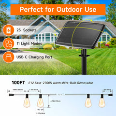 100FT Outdoor Solar String Lights, with Shatterproof Edison Bulbs, Outside Waterproof Hanging Lights for Porch Garden Backyard,Christmas