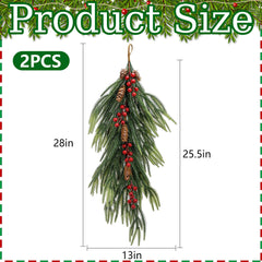 2 Pcs Christmas Teardrop Swag with Berries and Pinecones, 28'' Artificial Faux Berry Pine Branch Teardrop Door Swag, Real Touch Norfolk Wreath Staircase Swags for Xmas Door Mantle Fireplace Decor