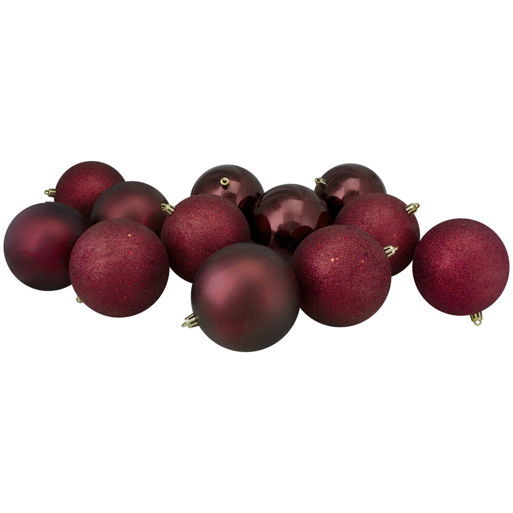 12ct Burgundy Red Shatterproof 4-Finish Christmas Ball Ornaments 4" (100mm)