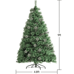 Arlopu 9FT Pre-lit Artificial Christmas Tree with 1300 Branches/500 Warm Lights/Metal Stand, PVC&PE Cashmere Hinged Xmas Tree, Fluffy Snow Flocked Pine Tree for Home Holiday Party Decor