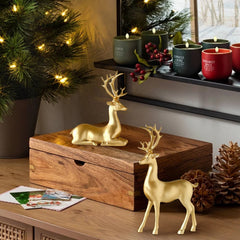 2 Pack Resin Christmas Reindeer Figurines,Deer Statues,Elk Sculpture Deer Ornaments for Living Figurine Statues TV Cabinet Home Office Wine Cabinet Decoration(Gold #03)