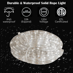 Beatineon 33FT Rope Lights Outdoor with Remote,Cuttable Connectable,300LEDs Strip Lights with Adjustable Brightness Waterproof with Plug for Patio, Christmas Decoration (White)