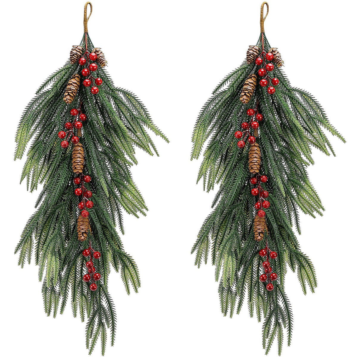 2 Pcs Christmas Teardrop Swag with Berries and Pinecones, 28'' Artificial Faux Berry Pine Branch Teardrop Door Swag, Real Touch Norfolk Wreath Staircase Swags for Xmas Door Mantle Fireplace Decor