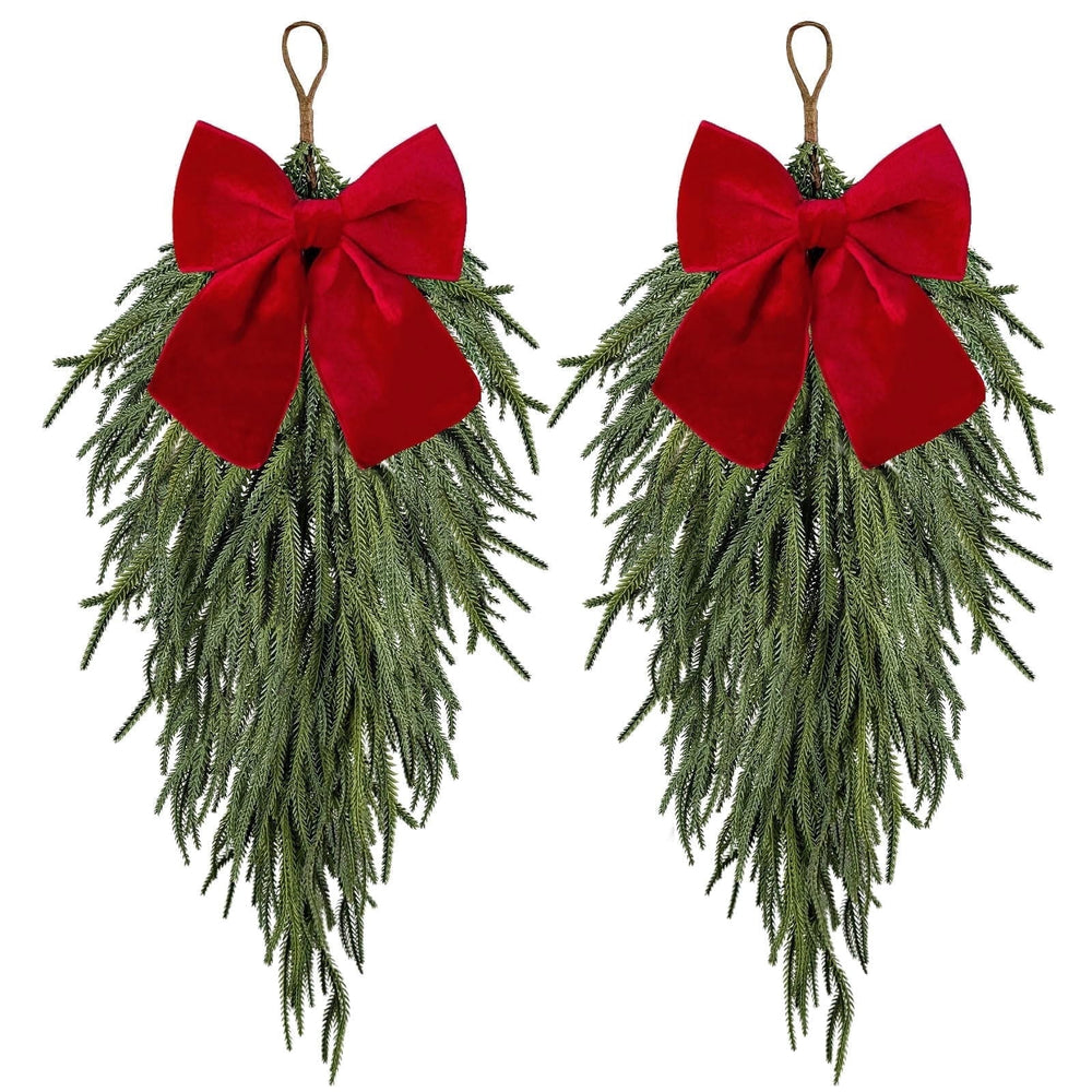 2 Pcs Norfolk Pine Christmas Swag with Velvet Bow,27.5inch Norfolk Pine Teardrop Swag,Christmas Teardrop Wreath for Door Window Mantle Fireplace Indoor Outdoor Home Decor