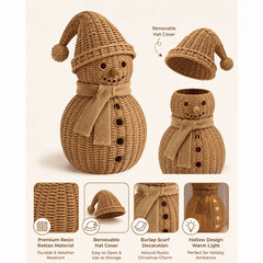 Woven Christmas Snowman Ornament, Wicker Snowman-Shaped Natural Rattan Tabletop Decor with Hat & Scarf, Ideal Holiday Home Mantel Decoration