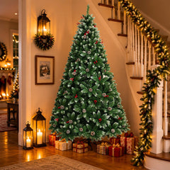 Yexmas 7.5FT Pre-Lit Christmas Tree with Pinecones and Red Berries,Artificial Green Xmas Tree with Large Storage Bag for Home, Office, Party Decoration