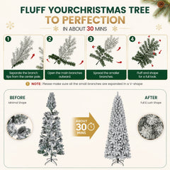 FUNDAZE 6FT Pre-Lit Snow Flocked Slim Artificial Christmas Tree, 550 Tips, 200 Dual-Color LED Lights & 11 Modes for Home, Party & Garden