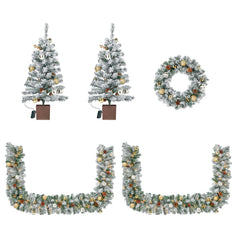 Pre-Lit Christmas Tree Decorations Set, 4 Pcs Indoor Outdoor Christmas Decorations W/ 2 Lighted Christmas Trees Wreath Garland, Artificial Christmas Xmas Decorations with 10 Light Modes, Dark Green