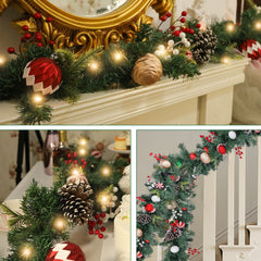 6 FT Garland Christmas Decorations, Battery Operated Lighted Garland Indoor with Red Berries, Candy Balls, Pinecones and Lush Branches, 25 Warm LED Lights 3 Modes, Christmas Garland for Mantle