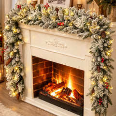 9ft Pre-Lit Snow Flocked Christmas Garland with 80 LED Lights w/ 8 Modes & Timer for Outdoor Indoor Xmas Decoration Fireplace Stairs Doorway Railings Decor,1 Pack