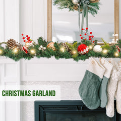 6 FT Garland Christmas Decorations, Battery Operated Lighted Garland Indoor with Red Berries, Candy Balls, Pinecones and Lush Branches, 25 Warm LED Lights 3 Modes, Christmas Garland for Mantle