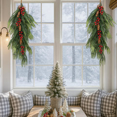 2 Pcs Christmas Teardrop Swag with Berries and Pinecones, 28'' Artificial Faux Berry Pine Branch Teardrop Door Swag, Real Touch Norfolk Wreath Staircase Swags for Xmas Door Mantle Fireplace Decor