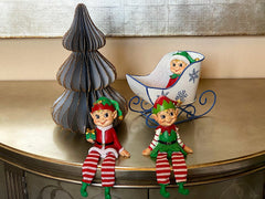 Happy & Smiling Elves W Dangling Legs Poly W Fabric Christmas Winter Elf Sitter Decoration Collectible Figurine Indoor Ornament 8.5" H Set of 3