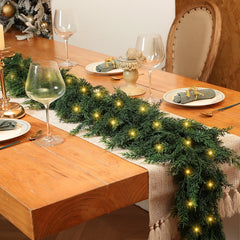 9ft Artificial Cedar Garland with Lights, Norfolk Pine Christmas Garland for Holiday Winter Mantle, Wall, Fireplace, Staircase Indoor Outdoor Decor