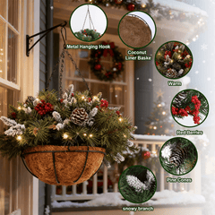 Artificial Christmas Hanging Basket with LED String Lights Christmas Hanging Plant Basket Artificial Flowers with Frosted Pine Needles Pinecones Red Berries Fake Plants Faux Decor for Xmas Decor