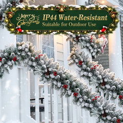 9ft Pre-Lit Snow Flocked Christmas Garland with 80 LED Lights w/ 8 Modes & Timer for Outdoor Indoor Xmas Decoration Fireplace Stairs Doorway Railings Decor,1 Pack