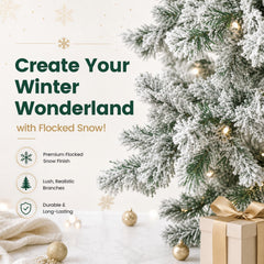 FUNDAZE 6FT Pre-Lit Snow Flocked Slim Artificial Christmas Tree, 550 Tips, 200 Dual-Color LED Lights & 11 Modes for Home, Party & Garden