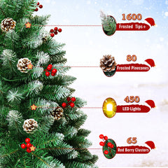 Yexmas 7.5FT Pre-Lit Christmas Tree with Pinecones and Red Berries,Artificial Green Xmas Tree with Large Storage Bag for Home, Office, Party Decoration