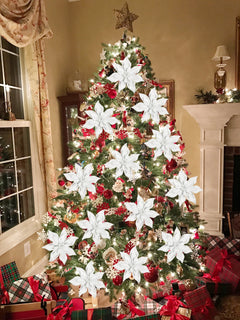 Briful 9'' Christmas Poinsettia Flowers 8PCS Glitter Artificial Flowers Large Christmas Ornament Flowers for Xmas Tree Wreath Garland Decoration White