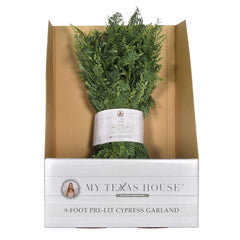 My Texas House Cypress Pre-Lit Warm White LED Artificial Christmas Garland, Green, 9'