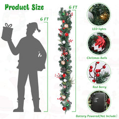 6 FT Garland Christmas Decorations, Battery Operated Lighted Garland Indoor with Red Berries, Candy Balls, Pinecones and Lush Branches, 25 Warm LED Lights 3 Modes, Christmas Garland for Mantle