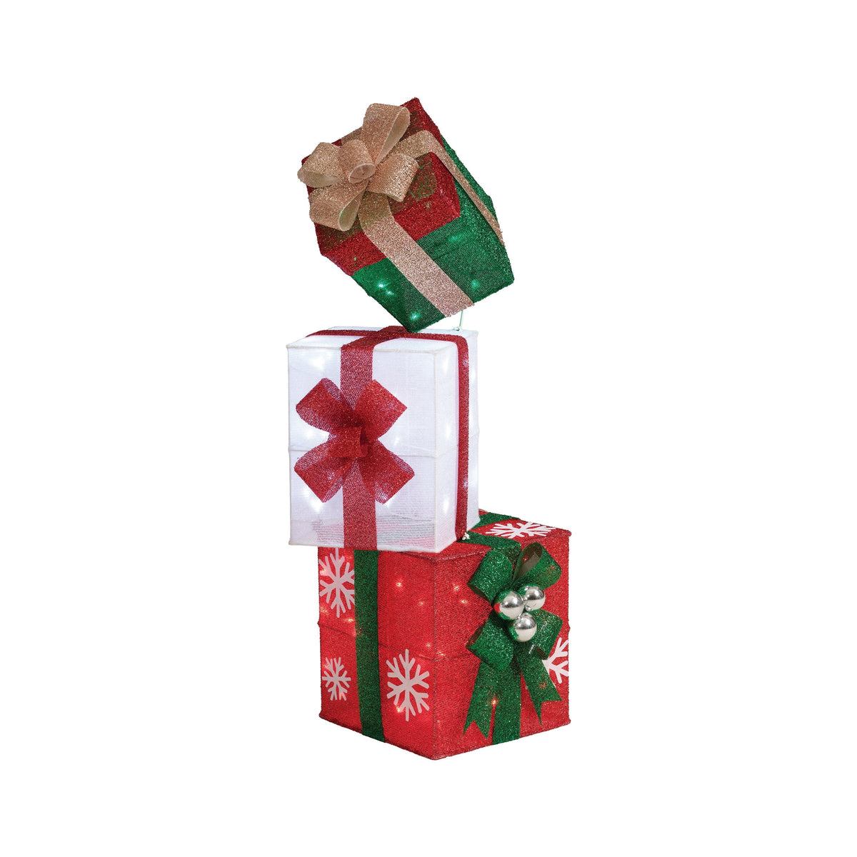 Indoor/Outdoor Light-Up Stacked Gift Box Christmas Decoration with 60 LED Lights, White/Green/Red, 42", by Holiday Time