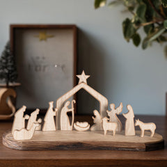 Nativity Set Christmas Decor,13Pcs Lovely Wooden Christmas Nativity Scene Miniature Holy Family Figurines, Minimalism Boho Christmas Decorations for Indoor Shelves Mantel Tabletop Display